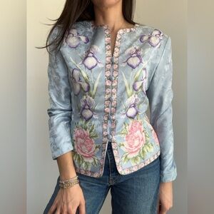 Vintage Adrianna Papell 90’s Blue 100% Silk Floral Blazer & Skirt Set Size S